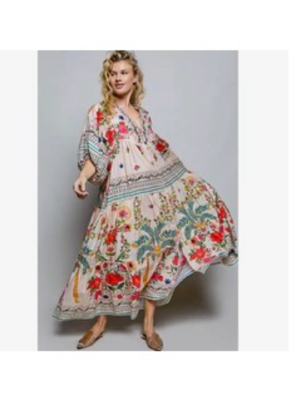 *LAST ONE* POL Floral V-Neck Boho Maxi Dress in Cream and Multicolor